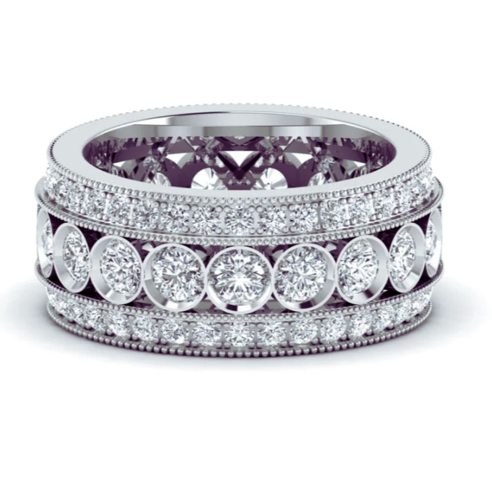 4.25CT Three Row Round Diamond Gold Wedding Band Ring
