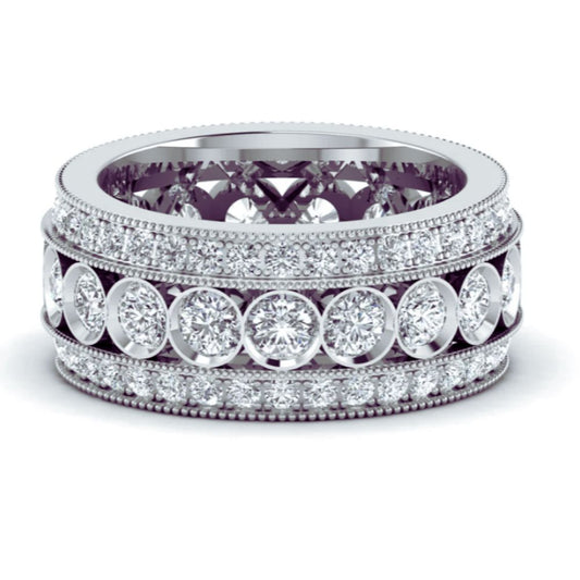 4.25CT Three Row Round Diamond Gold Wedding Band Ring